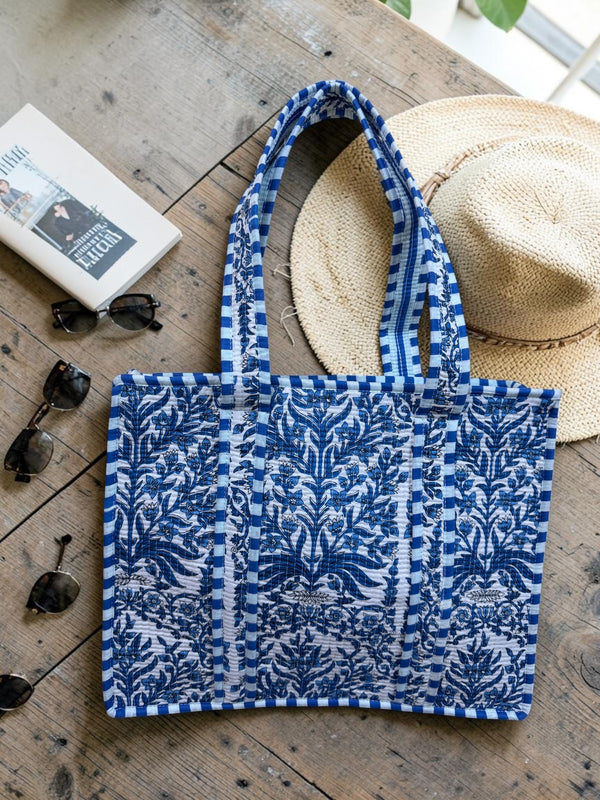 Quilted Tote Bag - Indigo Botanica