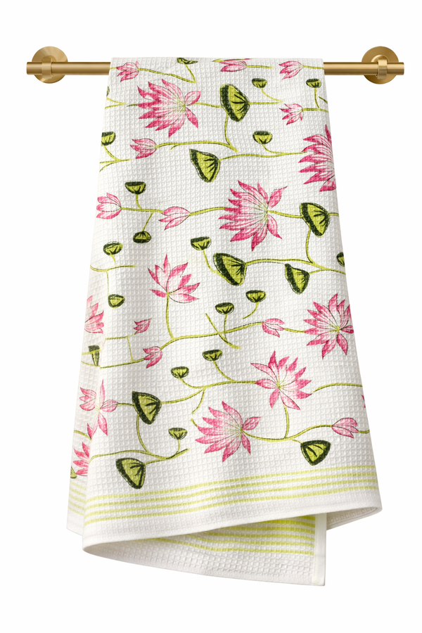 Lotus Vine Hand Block Printed Waffle Cotton Bath Towel - 30*60