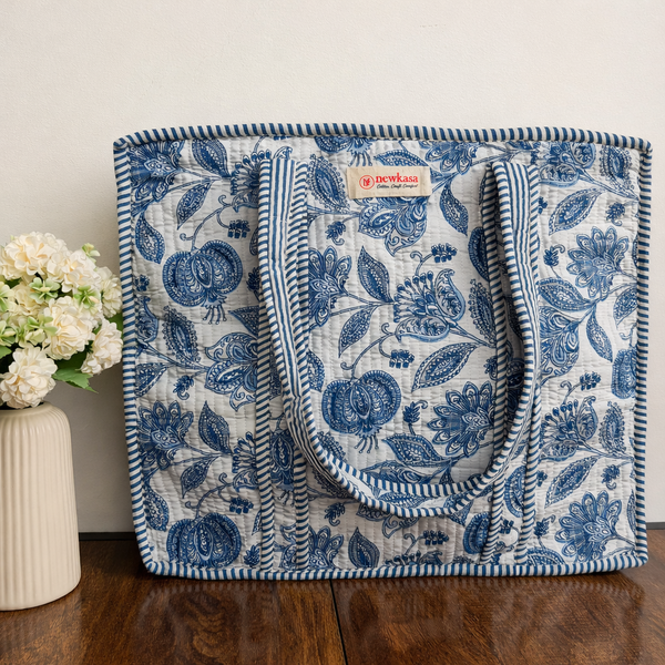 Azure Floral Quilted Cotton Tote Bag with Inner Pocket – 18x18