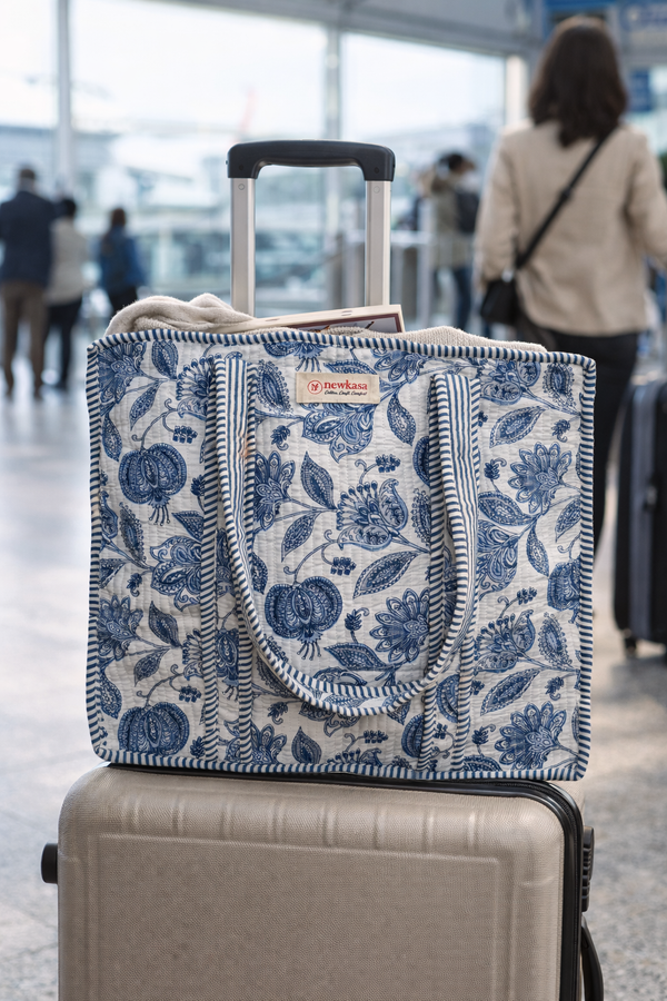 Azure Floral Quilted Cotton Tote Bag with Inner Pocket – 18x18