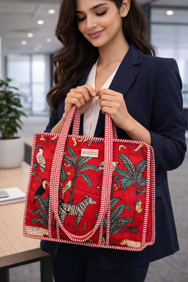 Red Jungle Quilted Cotton Tote Bag with Inner Pocket – 16x18