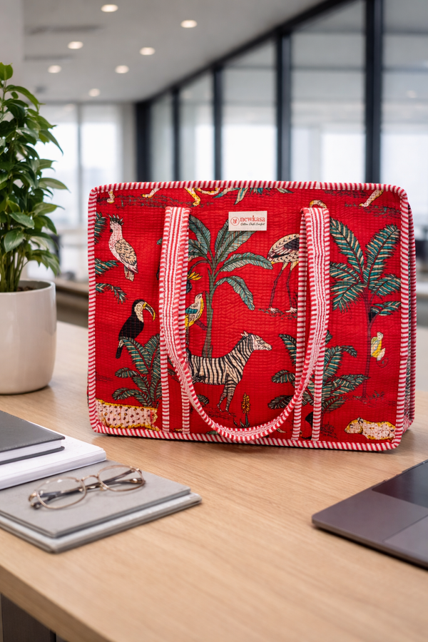 Red Jungle Quilted Cotton Tote Bag with Inner Pocket – 16x18