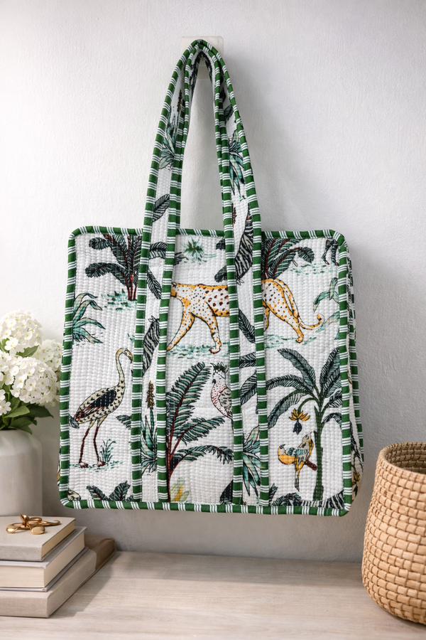 Emerald Safari Quilted Cotton Tote Bag with Inner Pocket