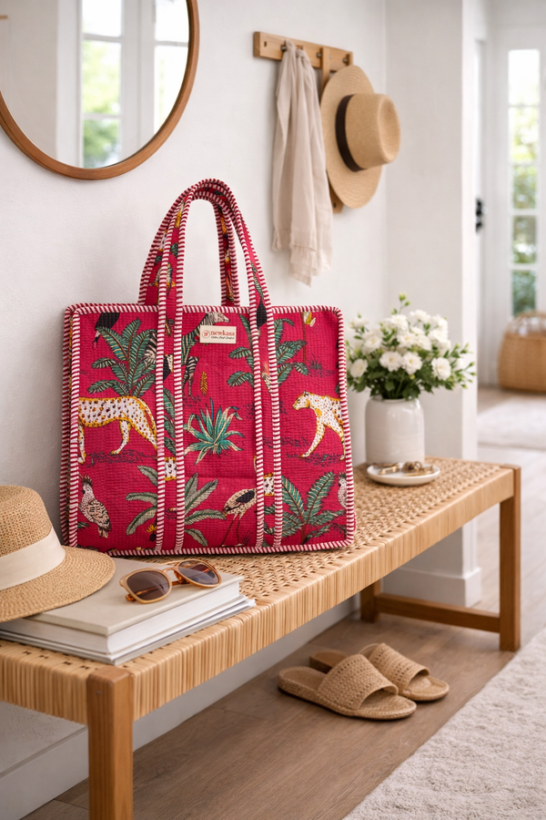 Pink Forest Quilted Cotton Tote Bag with Inner Pocket – 18x18