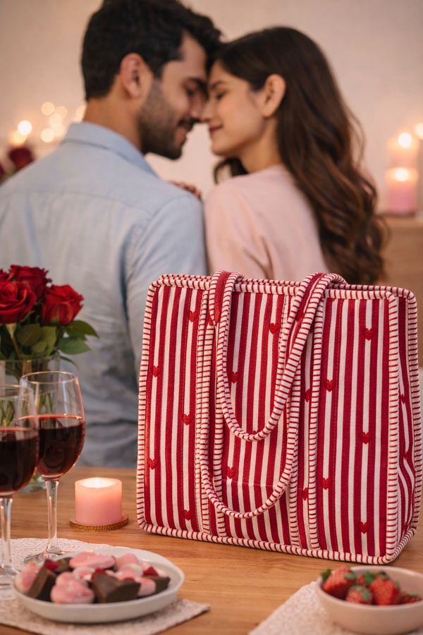 Red Heart Stripe Quilted Cotton Tote Bag  – 14x14