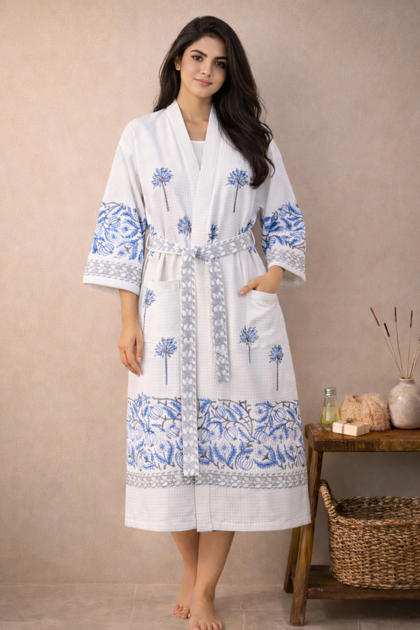 Neerja Waffle Cotton Hand Block Bathrobe