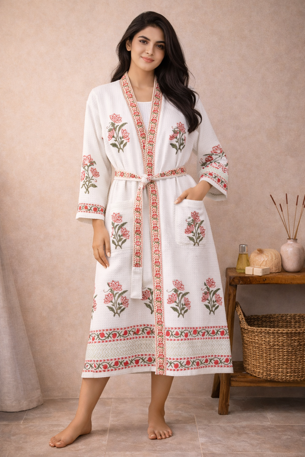 Gulabi Sarovar Waffle Handblock Printed Cotton Bathrobe