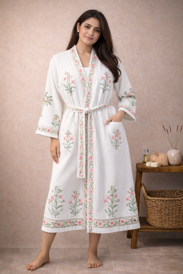 Hara Baagh Waffle Handblock Printed Cotton Bathrobe