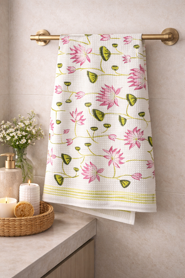 Lotus Vine Hand Block Printed Waffle Cotton Bath Towel - 30*60