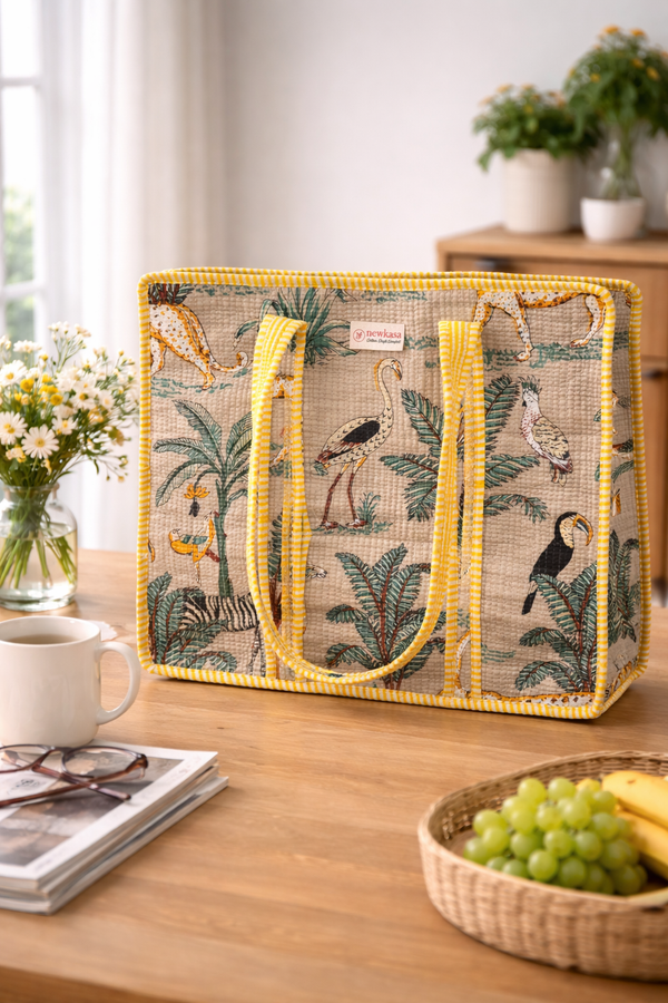 Quilted Tote Bag with Inner Pocket - Yellow Forest