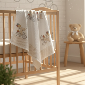 Baby crib with embroidered blanket, teddy bear, and bicycle decorations in a nursery.