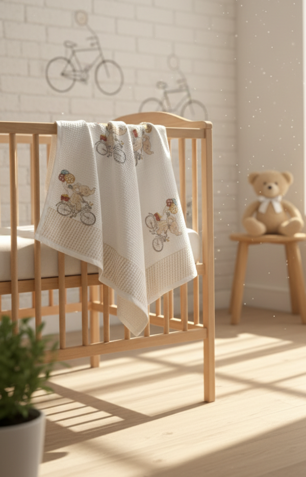 Baby crib with embroidered blanket, teddy bear, and bicycle decorations in a nursery.