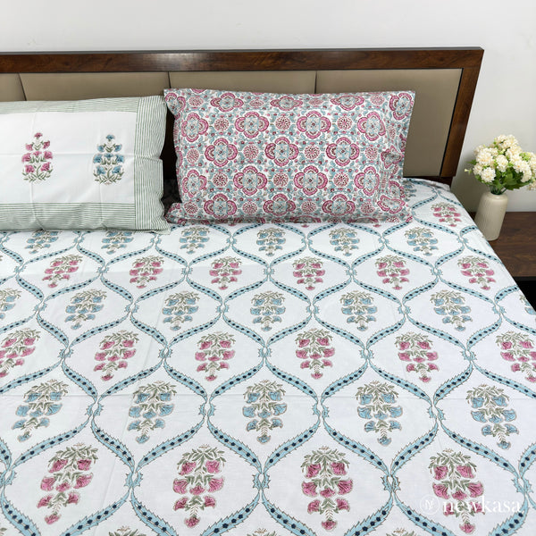 GULABI-NEEL BAAG – Handblock Cotton Bedsheet (Queen 90×108)