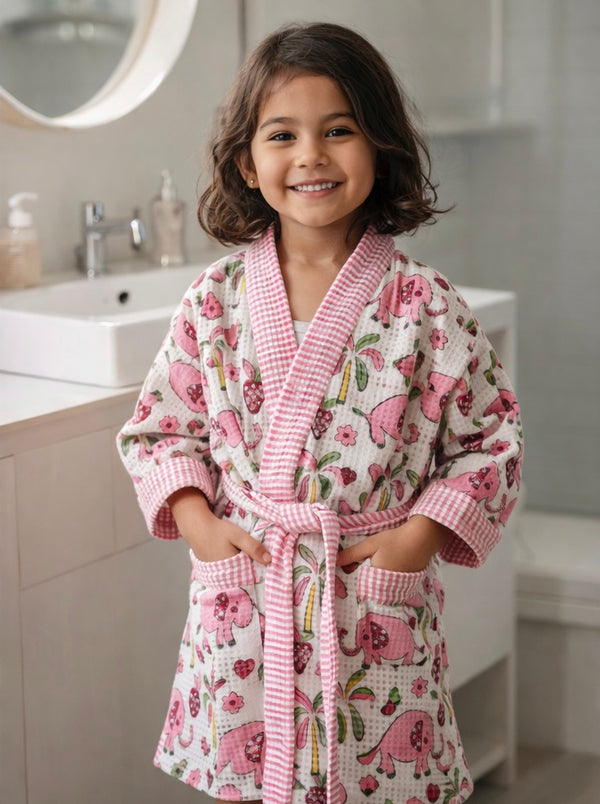 Blush Berry Elephant Waffle Cotton Bathrobe for Kids