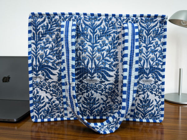 Quilted Tote Bag - Indigo Botanica
