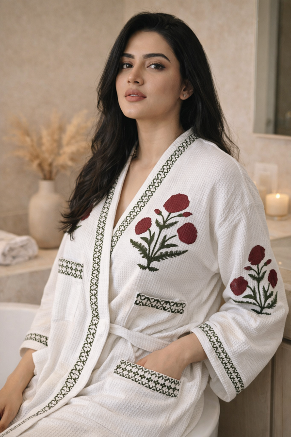 Ruhani Waffle Handblock Printed Bathrobe 45"inch