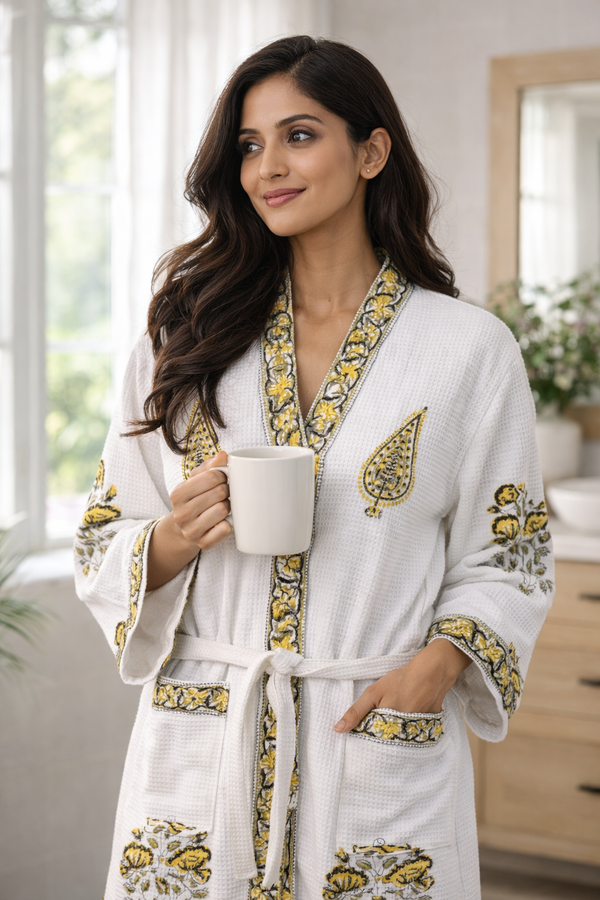 Sunehri Baagh Waffle Handblock Printed Bathrobe
