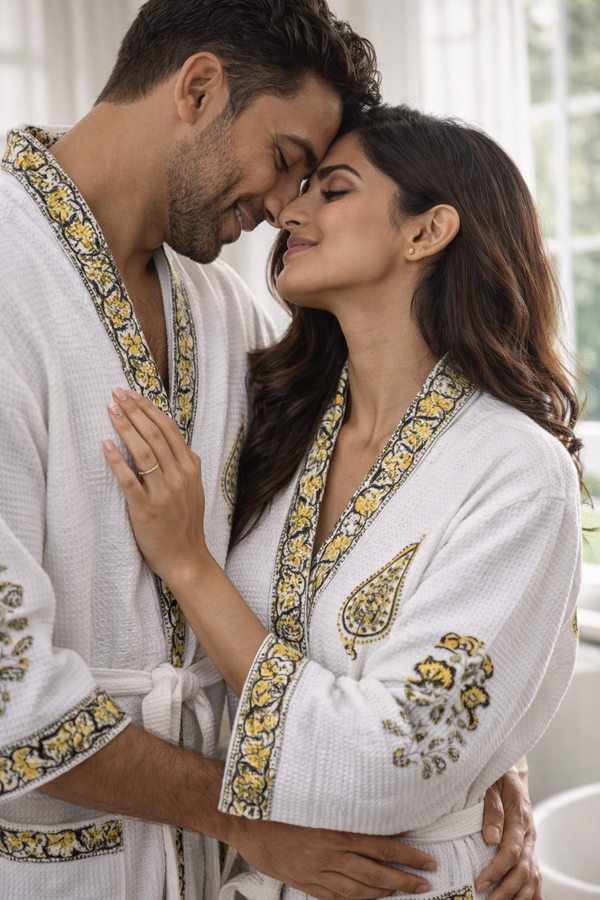 Sunehri Baagh Waffle Handblock Printed Bathrobe