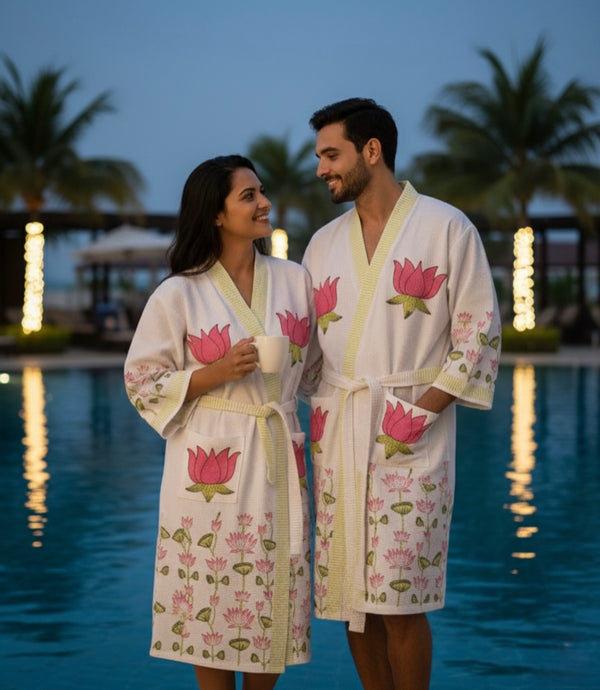 Lotus Escape Waffle Handblock Printed Bathrobe