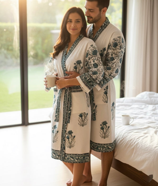 Panna Mahal Waffle Handblock Printed Bathrobe