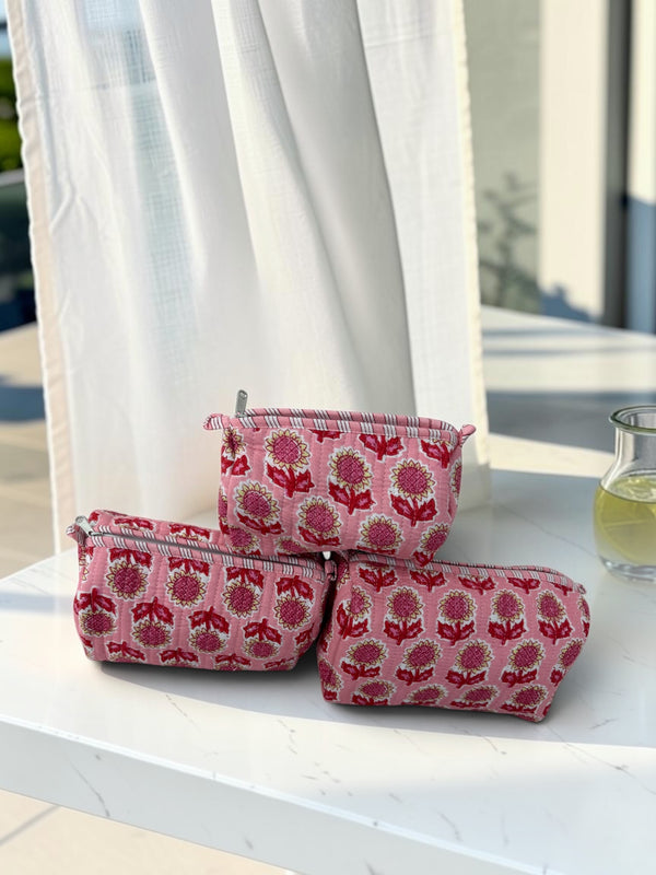 Blush Bloom Quilted Cotton Pouch Set