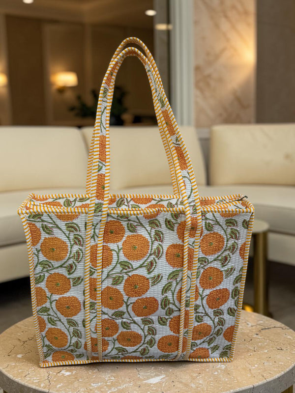 Quilted Tote Bag - Saffron Bloom