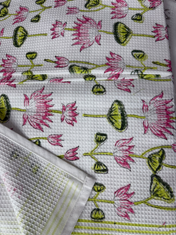 Lotus Vine Hand Block Printed Waffle Cotton Bath Towel - 30*60