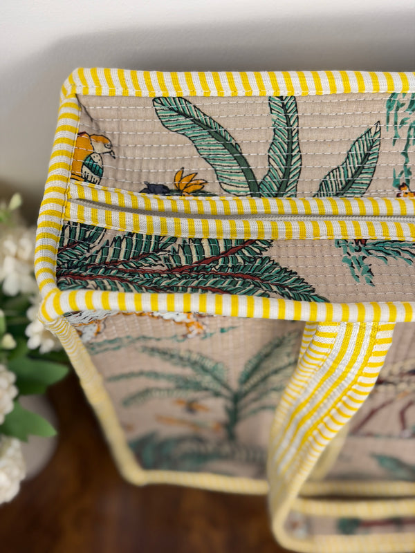 Quilted Tote Bag with Inner Pocket - Yellow Forest