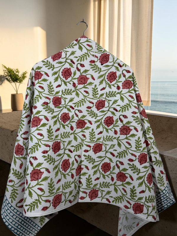Rose Vine Hand Block Printed Waffle Cotton Bath Towel - 30*60