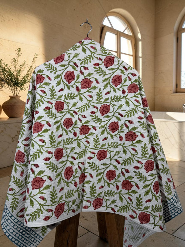 Rose Vine Hand Block Printed Waffle Cotton Bath Towel - 30*60