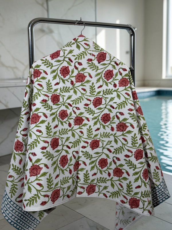 Rose Vine Hand Block Printed Waffle Cotton Bath Towel - 30*60