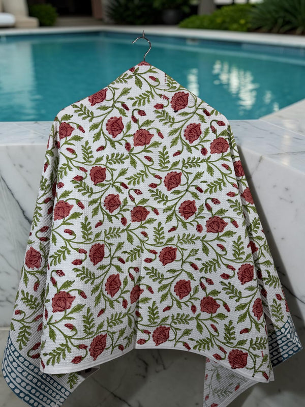 Rose Vine Hand Block Printed Waffle Cotton Bath Towel - 30*60