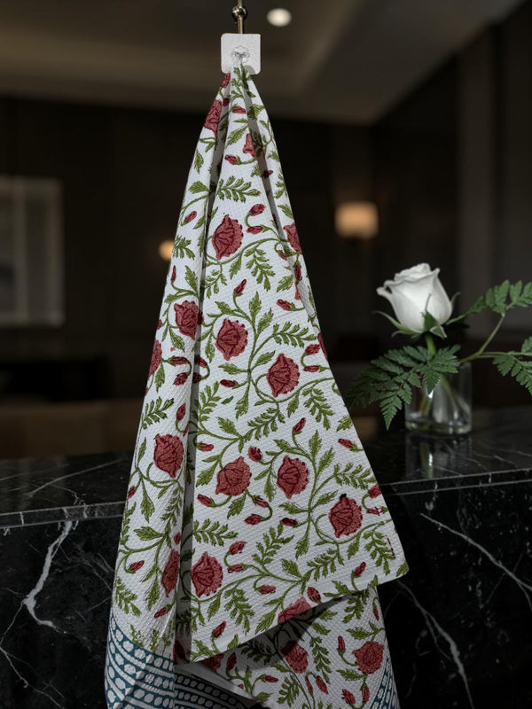 Rose Vine Hand Block Printed Waffle Cotton Bath Towel - 30*60