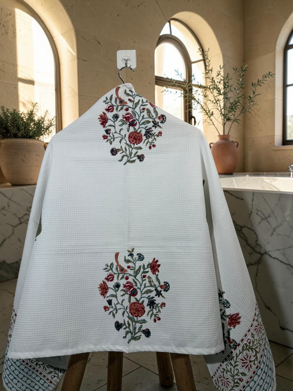 Sanganeri Floral Buta Handblock waffle Bath Towel