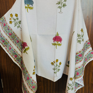 “Newkasa Kesarbagh Jaipuri Hand Block Printed Cotton Waffle Bath Towel with multicolor floral motifs and ornate borders, handcrafted in Jaipur Rajasthan — lightweight, absorbent, and 100% cotton towel for spa, resort, and home use.”