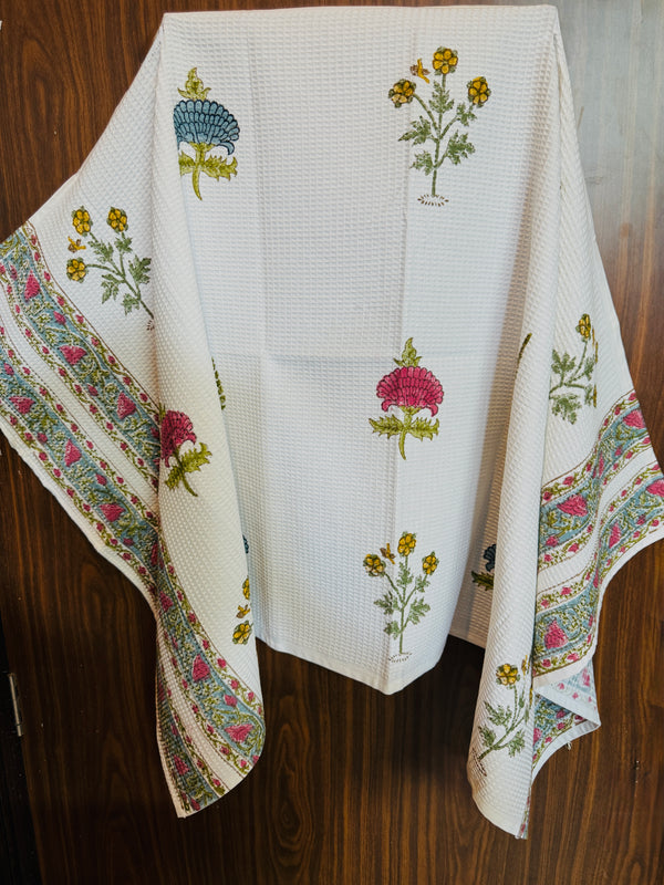 “Newkasa Kesarbagh Jaipuri Hand Block Printed Cotton Waffle Bath Towel with multicolor floral motifs and ornate borders, handcrafted in Jaipur Rajasthan — lightweight, absorbent, and 100% cotton towel for spa, resort, and home use.”