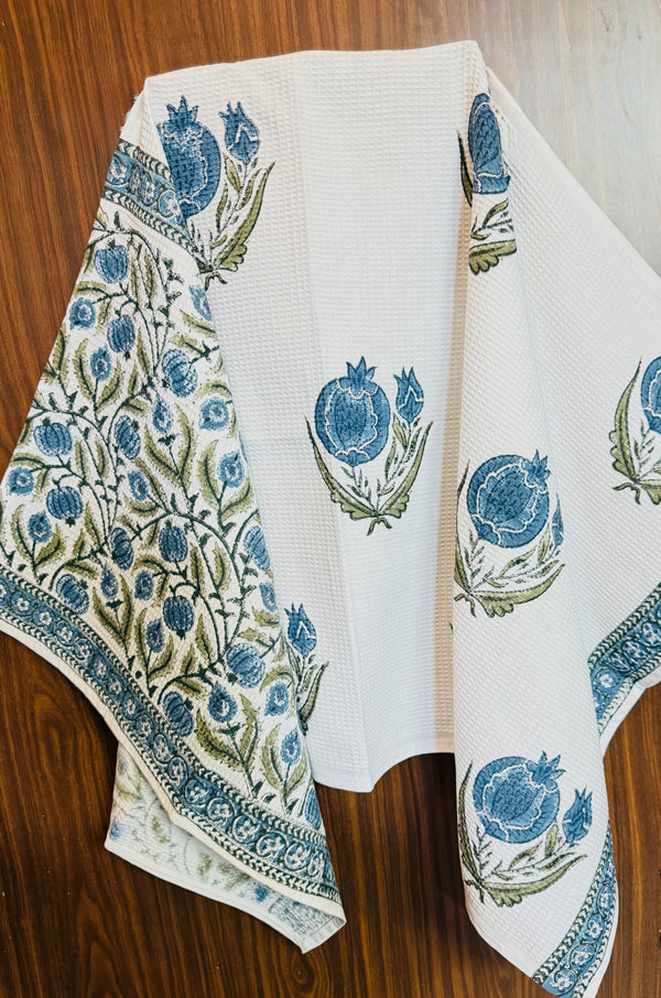 “Newkasa Pushkaran Jaipuri Hand Block Printed Cotton Waffle Bath Towel with blue pomegranate and olive vine motifs, handcrafted in Jaipur Rajasthan — lightweight, absorbent 100% cotton towel for spa, resort, and home use.”