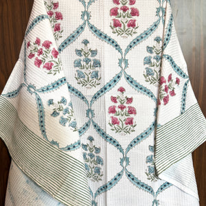 “Newkasa Raagini Jaipuri Hand Block Printed Cotton Waffle Bath Towel with rose pink and blue floral motifs, handcrafted in Jaipur Rajasthan — soft, absorbent, lightweight 100% cotton towel for spa, resort, and home use.”