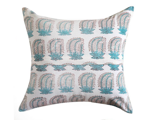 Back view of blue lily cotton cushion cover with hand block floral motifs – 16x16 by newkasa