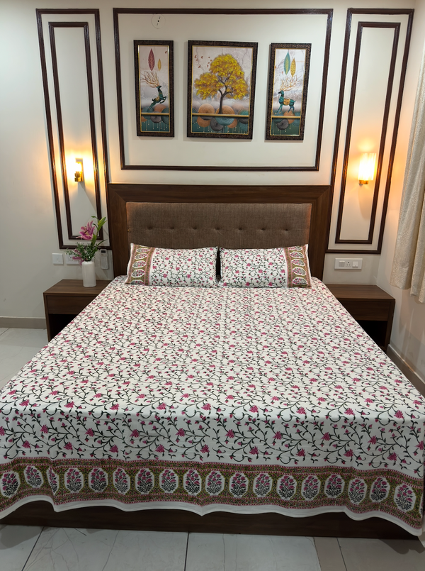 JAIPURI ROYAL PREMIUM COTTON BEDSHEET WITH ROSE PRINT (QUEEN SIZE 90*108) - newkasa
