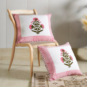 BLOOMING PINK FLORAL HAND BLOCK COTTON CUSHION COVER SET – 16x16 - newkasa