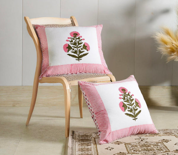 BLOOMING PINK FLORAL HAND BLOCK COTTON CUSHION COVER SET – 16x16 - newkasa