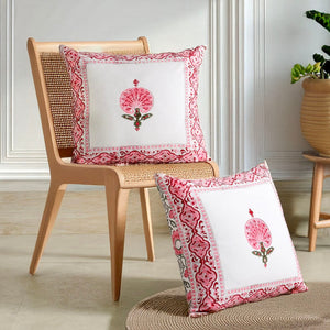 PINK DAHLIA HAND BLOCK COTTON CUSHION COVER SET – 16x16 - newkasa