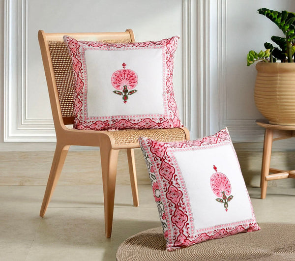 PINK DAHLIA HAND BLOCK COTTON CUSHION COVER SET – 16x16 - newkasa