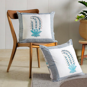 ARTISANAL BLUE LILY HAND BLOCK COTTON CUSHION COVER SET – 16X16 - newkasa