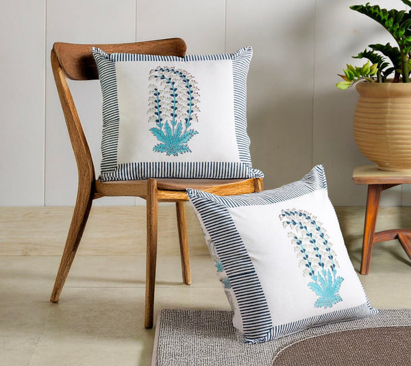 ARTISANAL BLUE LILY HAND BLOCK COTTON CUSHION COVER SET – 16X16 - newkasa