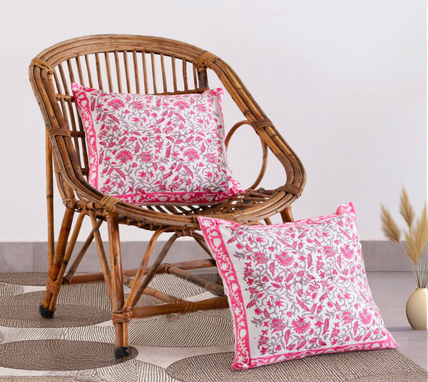 ROYAL RAJASTHANI PINK FLOWER HAND BLOCK PRINT CUSHION COVER SET – 16x16 - newkasa