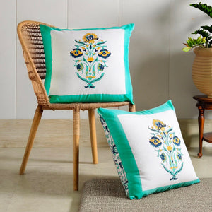 MUGHAL BLOOM HAND BLOCK COTTON CUSHION COVER SET – 16x16 - newkasa