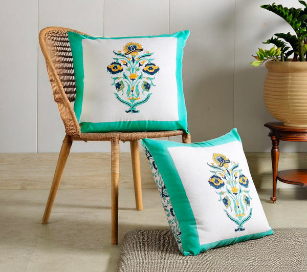 MUGHAL BLOOM HAND BLOCK COTTON CUSHION COVER SET – 16x16 - newkasa