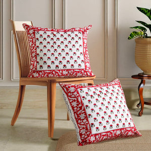 SCARLET BLOOM HAND BLOCK COTTON CUSHION COVER SET – 16x16 - newkasa